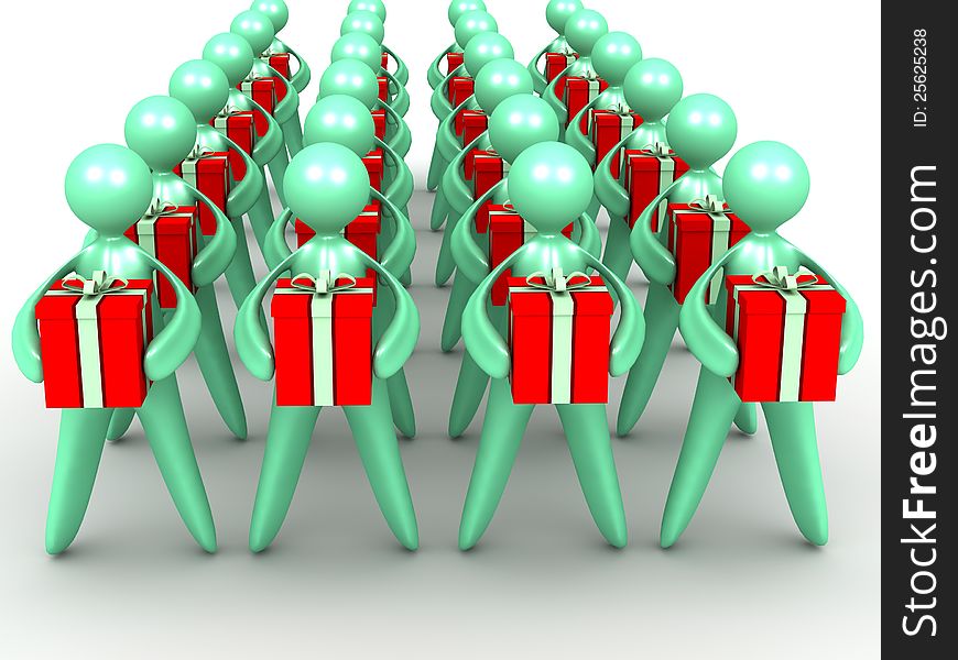 An array of cartoon men holding red gift boxes. An array of cartoon men holding red gift boxes