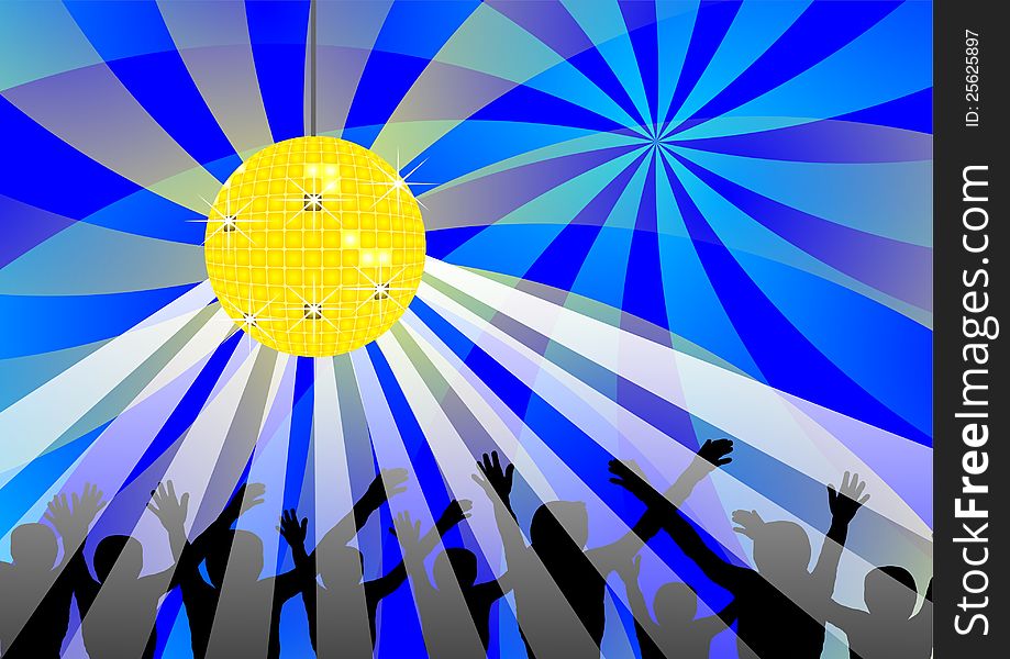 Abstract poster of disco ball with rays and silhouets of people