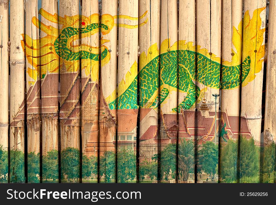 Thai Temple and Dragon Painting on Bamboo Fence