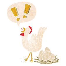 Cartoon Chicken Laying Egg And Speech Bubble In Retro Textured Style Stock Photography Cartoon Chicken Laying Egg And Speech Bubble In Retro Textured Style Stock Photography