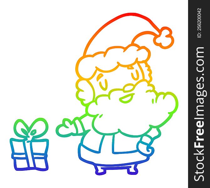 Rainbow Gradient Line Drawing Santa Claus With Present