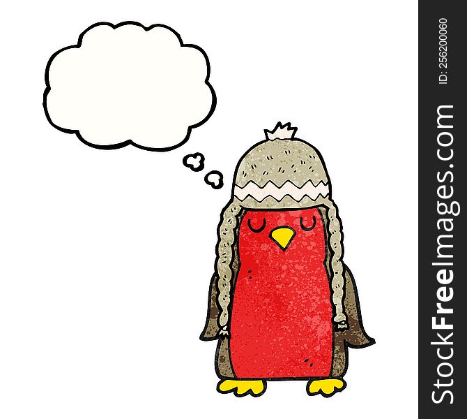 freehand drawn thought bubble textured cartoon robin wearing winter hat