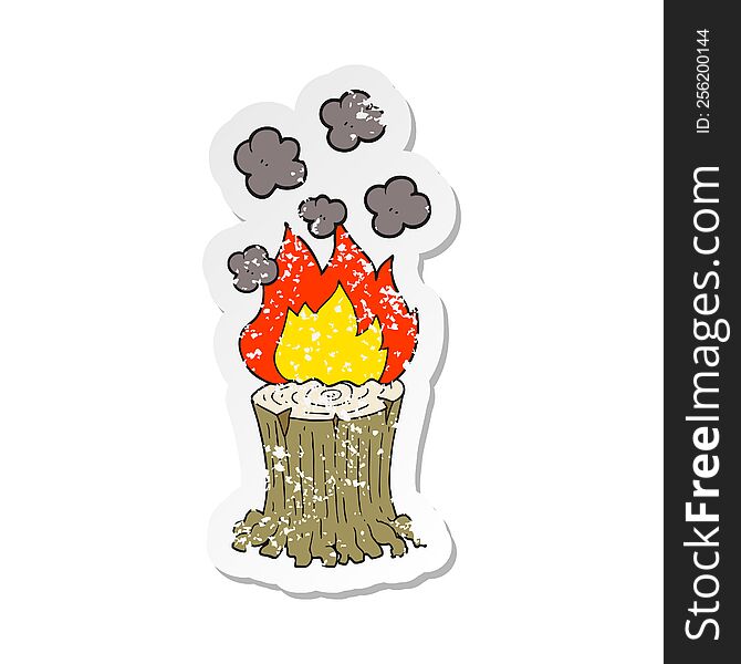 Retro Distressed Sticker Of A Cartoon Burning Tree Stump