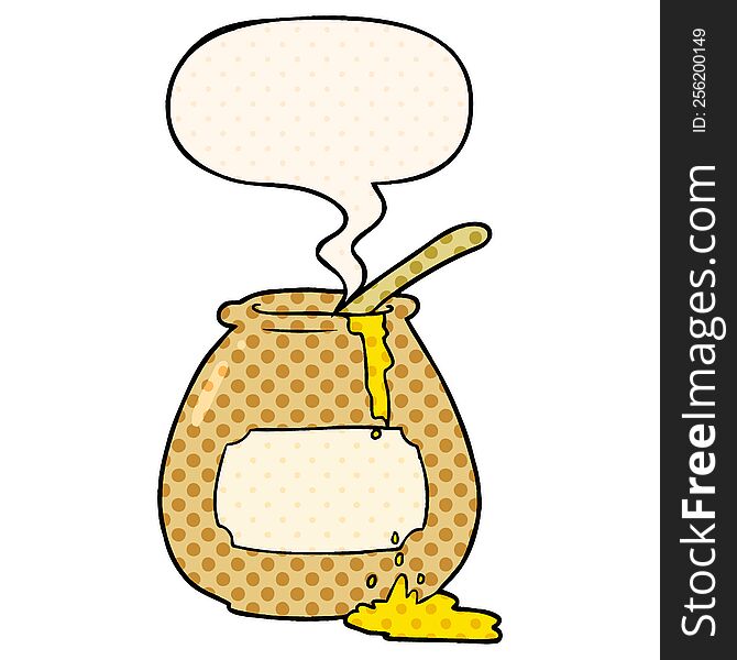 cartoon honey pot and speech bubble in comic book style