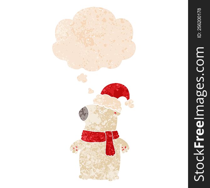 cute cartoon christmas bear with thought bubble in grunge distressed retro textured style. cute cartoon christmas bear with thought bubble in grunge distressed retro textured style