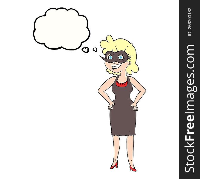 freehand drawn thought bubble cartoon woman wearing mask