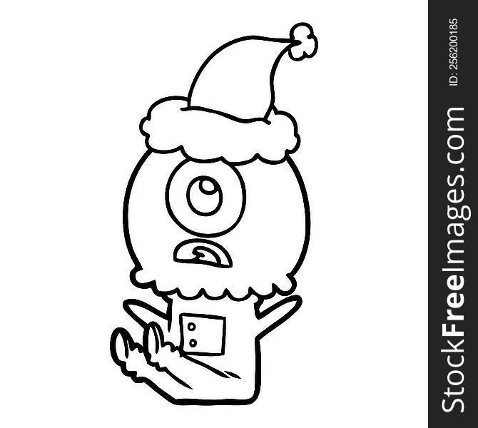 hand drawn line drawing of a cyclops alien spaceman wearing santa hat
