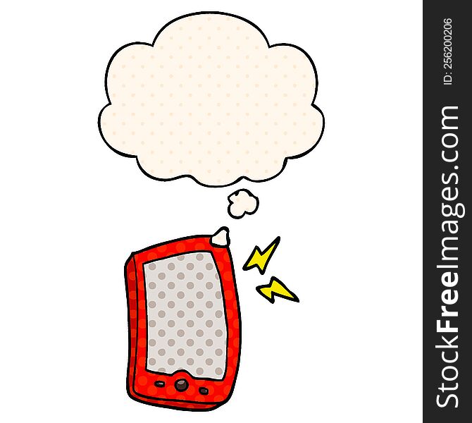 cartoon mobile phone with thought bubble in comic book style