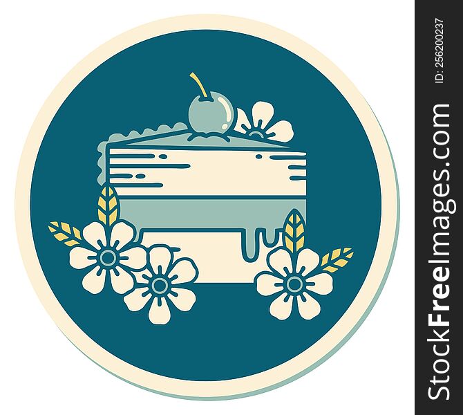sticker of tattoo in traditional style of a slice of cake and flowers. sticker of tattoo in traditional style of a slice of cake and flowers