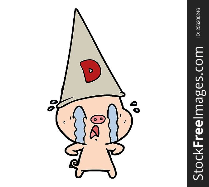 crying pig wearing dunce hat. crying pig wearing dunce hat