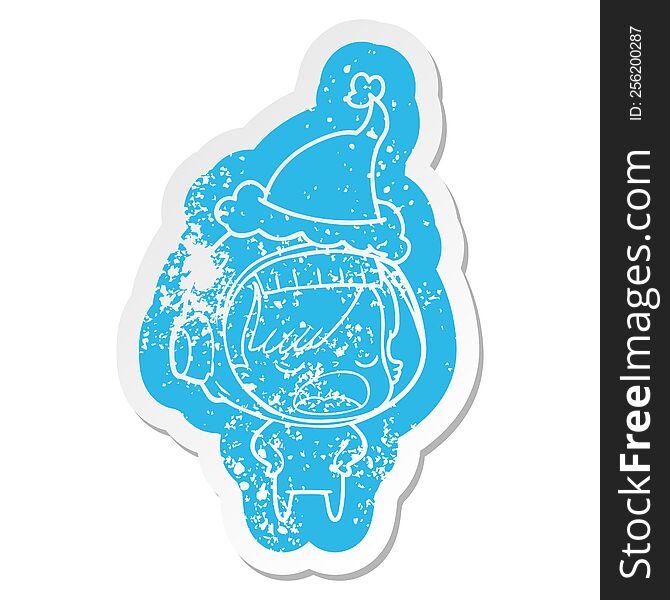 cartoon distressed sticker of a astronaut woman explaining wearing santa hat