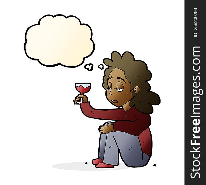 Cartoon Unhappy Woman With Glass Of Wine With Thought Bubble