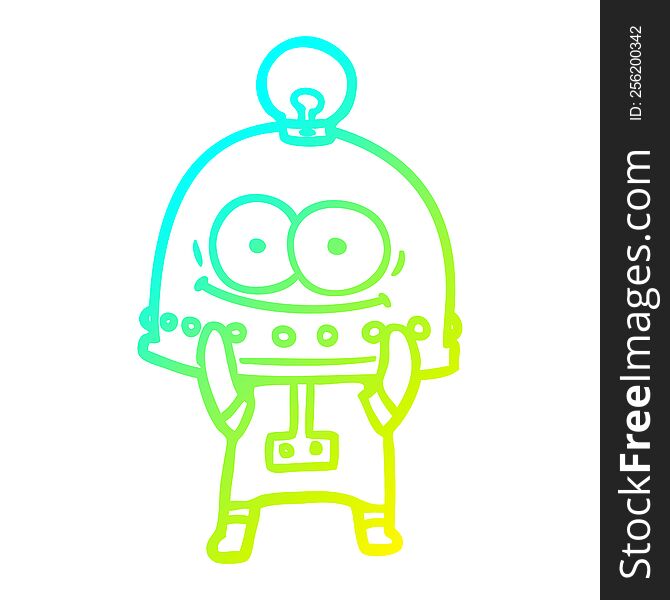 cold gradient line drawing of a happy carton robot with light bulb