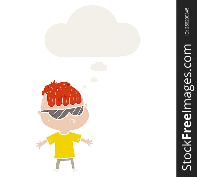 Cartoon Boy Wearing Sunglasses And Thought Bubble In Retro Style