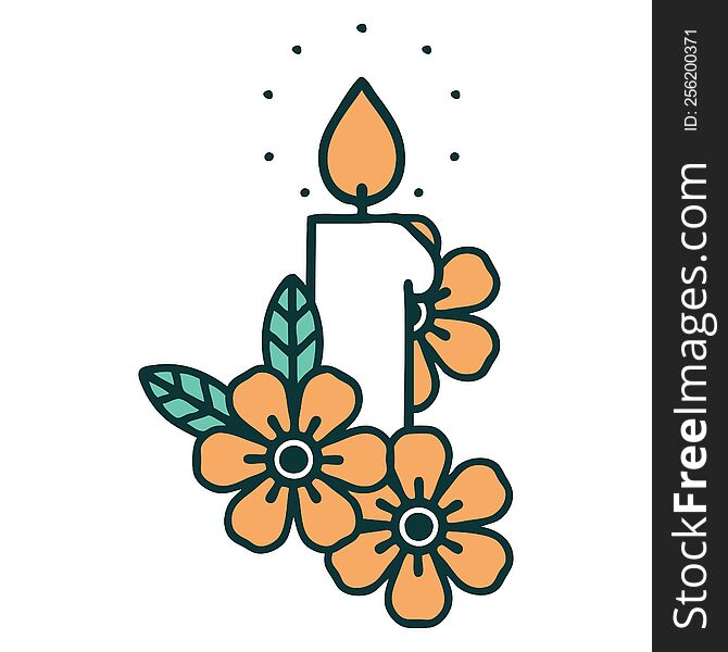 iconic tattoo style image of a candle and flowers. iconic tattoo style image of a candle and flowers