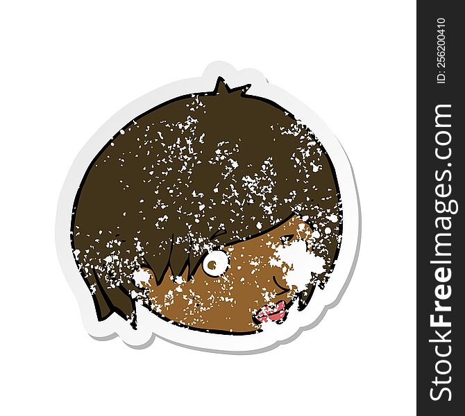 Retro Distressed Sticker Of A Cartoon Female Face With Raised Eyebrow