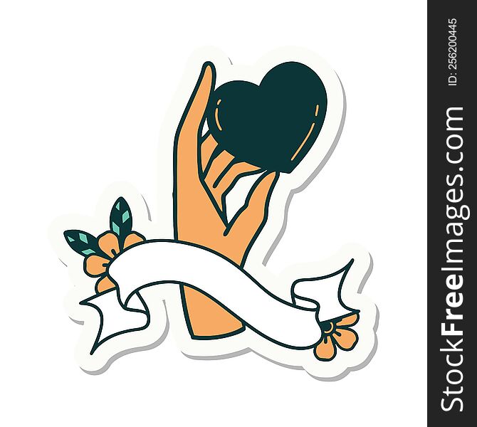 tattoo sticker with banner of a hand holding a heart