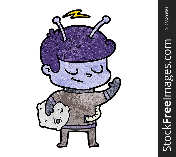 friendly cartoon spaceman holding meteor. friendly cartoon spaceman holding meteor