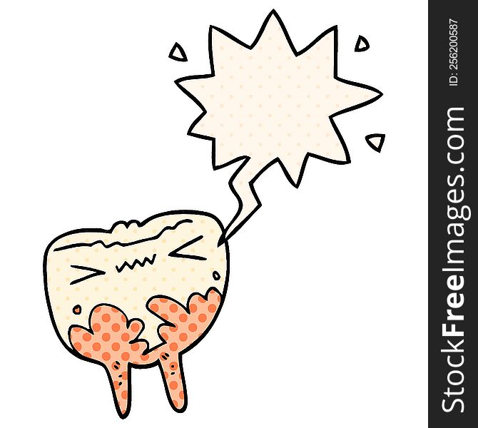 cartoon bad tooth with speech bubble in comic book style