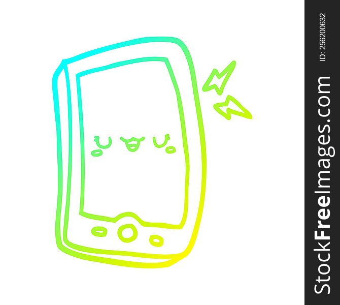 cold gradient line drawing of a cute cartoon mobile phone