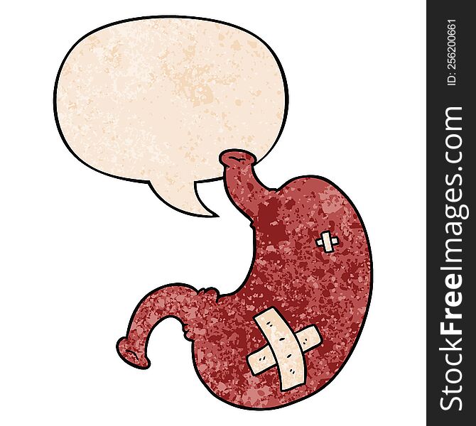 cartoon stomach with speech bubble in retro texture style