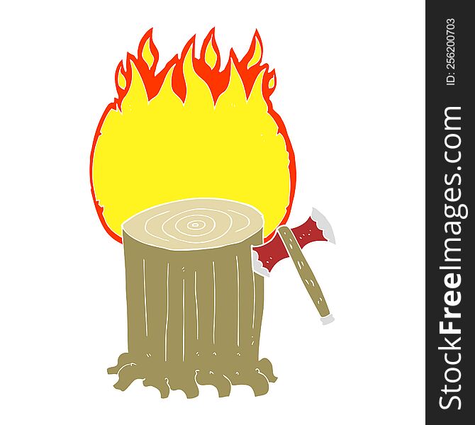 Flat Color Illustration Of A Cartoon Tree Stump And Axe