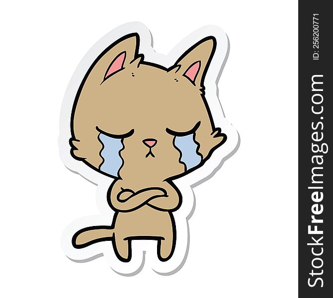 Sticker Of A Crying Cartoon Cat With Folded Arms