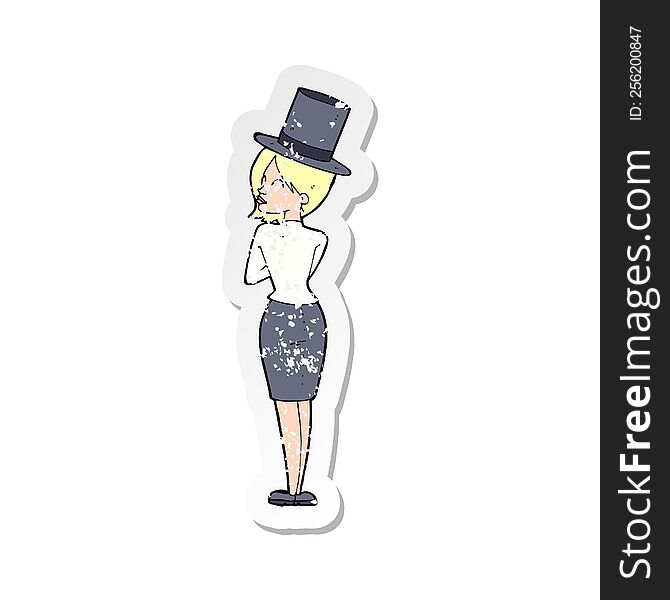 retro distressed sticker of a cartoon woman in top hat