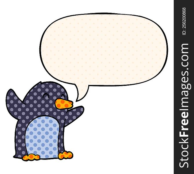 Cartoon Excited Penguin And Speech Bubble In Comic Book Style