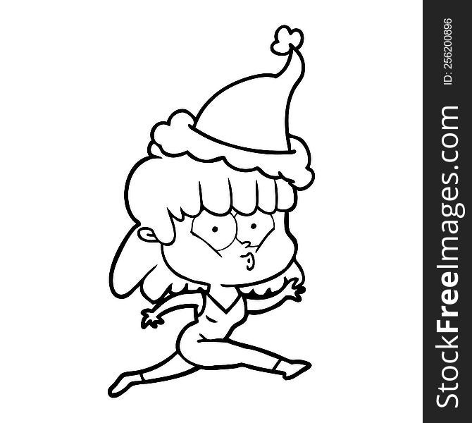hand drawn line drawing of a woman running wearing santa hat