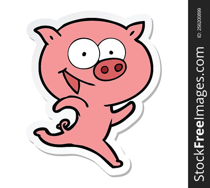 Sticker Of A Cheerful Running Pig Cartoon