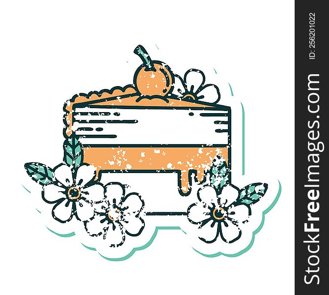 iconic distressed sticker tattoo style image of a slice of cake and flowers. iconic distressed sticker tattoo style image of a slice of cake and flowers