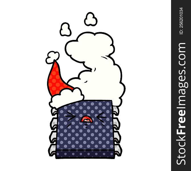 Comic Book Style Illustration Of A Overheating Computer Chip Wearing Santa Hat