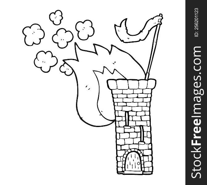 black and white cartoon old castle tower waving white flag