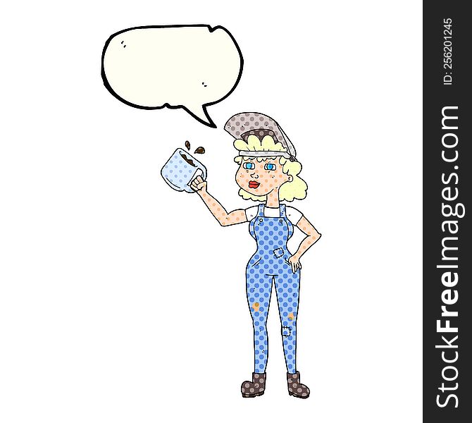 freehand drawn comic book speech bubble cartoon woman in dungarees
