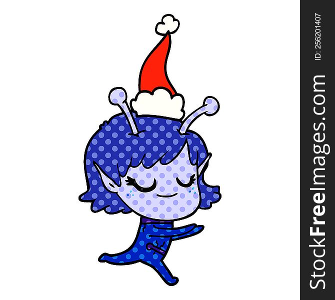 smiling alien girl hand drawn comic book style illustration of a running wearing santa hat