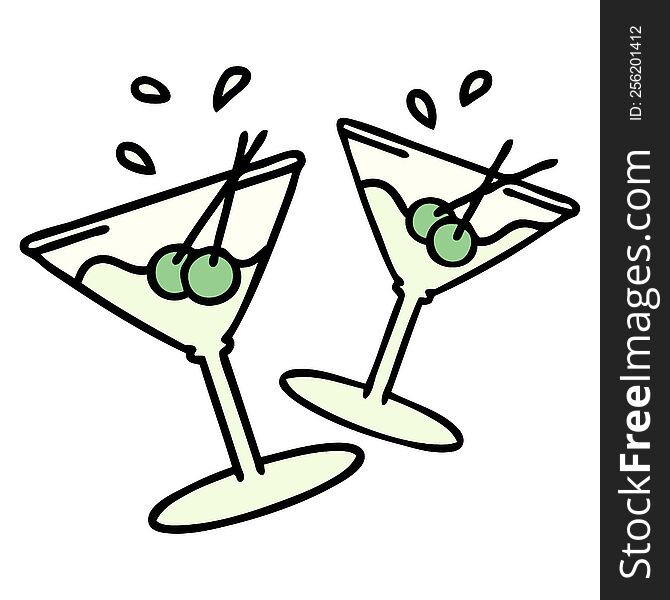 cartoon of martinin glasses clinking together. cartoon of martinin glasses clinking together