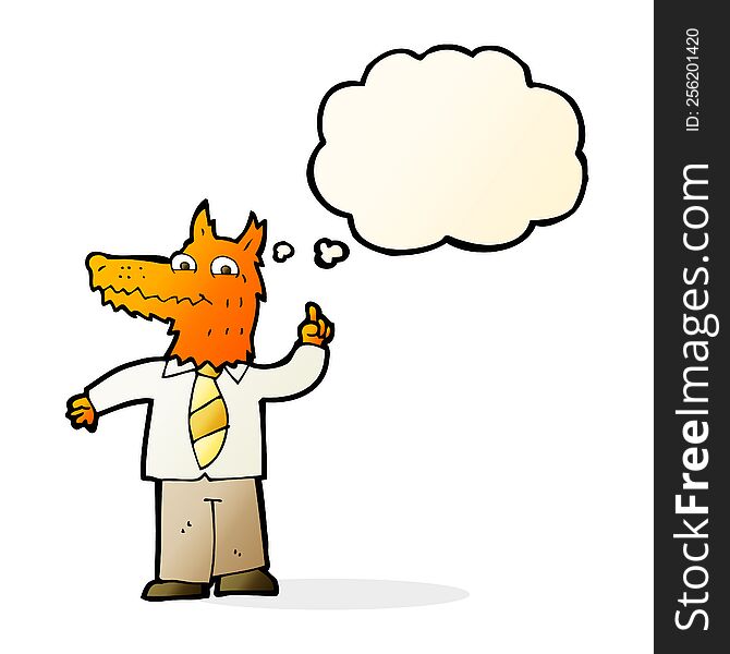 cartoon business fox with idea with thought bubble