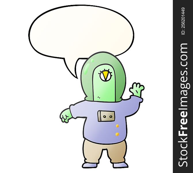 Cartoon Space Alien And Speech Bubble In Smooth Gradient Style
