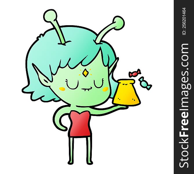 cartoon alien girl with bag of candy. cartoon alien girl with bag of candy