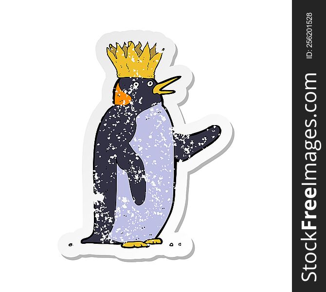 retro distressed sticker of a cartoon emperor penguin waving