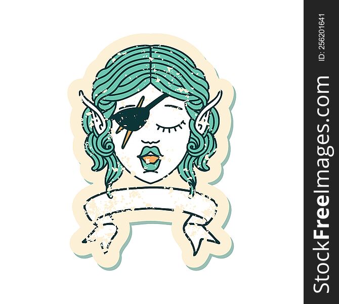 Retro Tattoo Style elf rogue character face with banner. Retro Tattoo Style elf rogue character face with banner