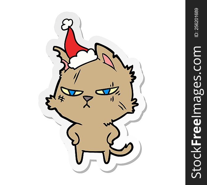 Tough Sticker Cartoon Of A Cat Wearing Santa Hat