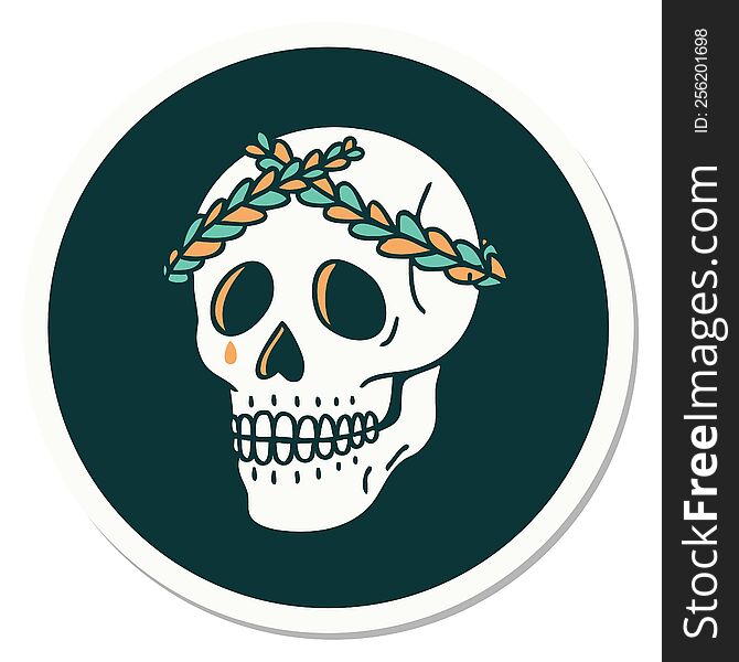 sticker of tattoo in traditional style of a skull with laurel wreath crown. sticker of tattoo in traditional style of a skull with laurel wreath crown