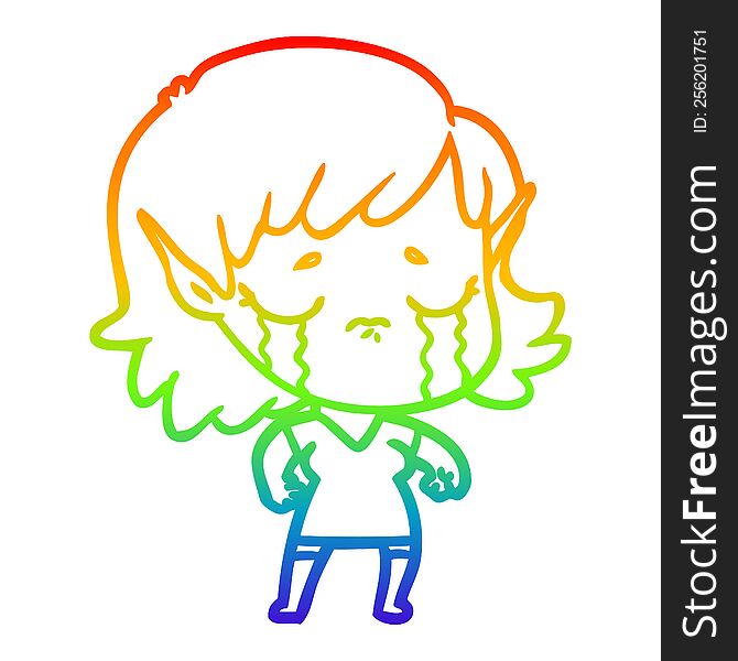 Rainbow Gradient Line Drawing Cartoon Crying Elf Girl