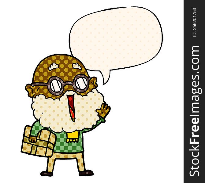 cartoon joyful man with beard and parcel under arm with speech bubble in comic book style