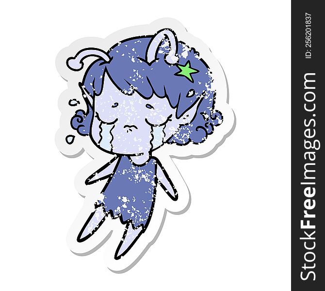 Distressed Sticker Of A Cartoon Crying Alien Girl