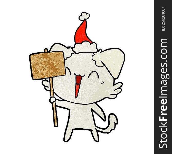 Happy Little Textured Cartoon Of A Dog Holding Sign Wearing Santa Hat