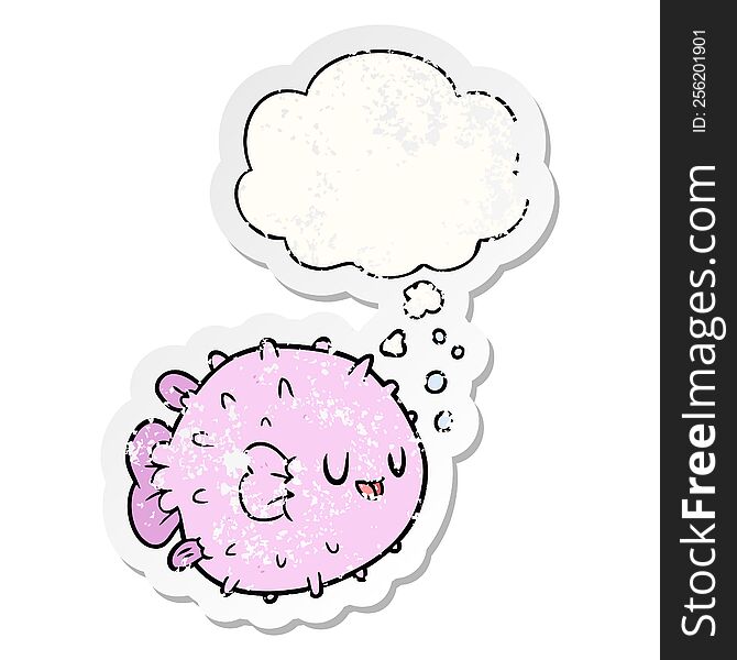 Cartoon Blowfish And Thought Bubble As A Distressed Worn Sticker
