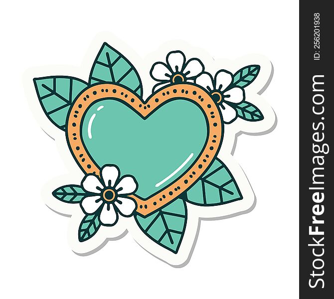 sticker of tattoo in traditional style of a botanical heart. sticker of tattoo in traditional style of a botanical heart